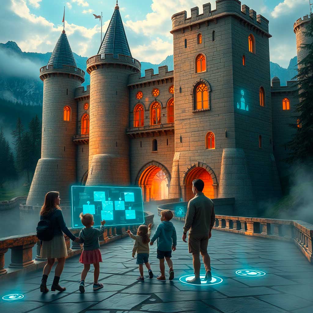 Familie erlebt ein interaktives Abenteuer in einer futuristischen Burg mit digitalen Rätseln und Augmented Reality.